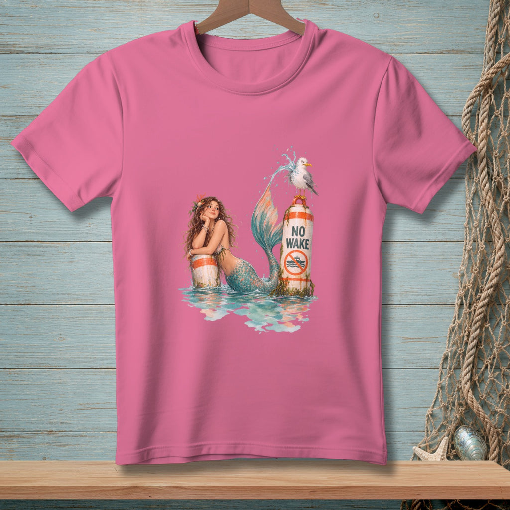 Pink t-shirt featuring a mermaid and a seagull on a "No Wake" buoy.