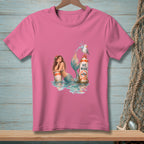 Pink t-shirt featuring a mermaid and a seagull on a "No Wake" buoy.