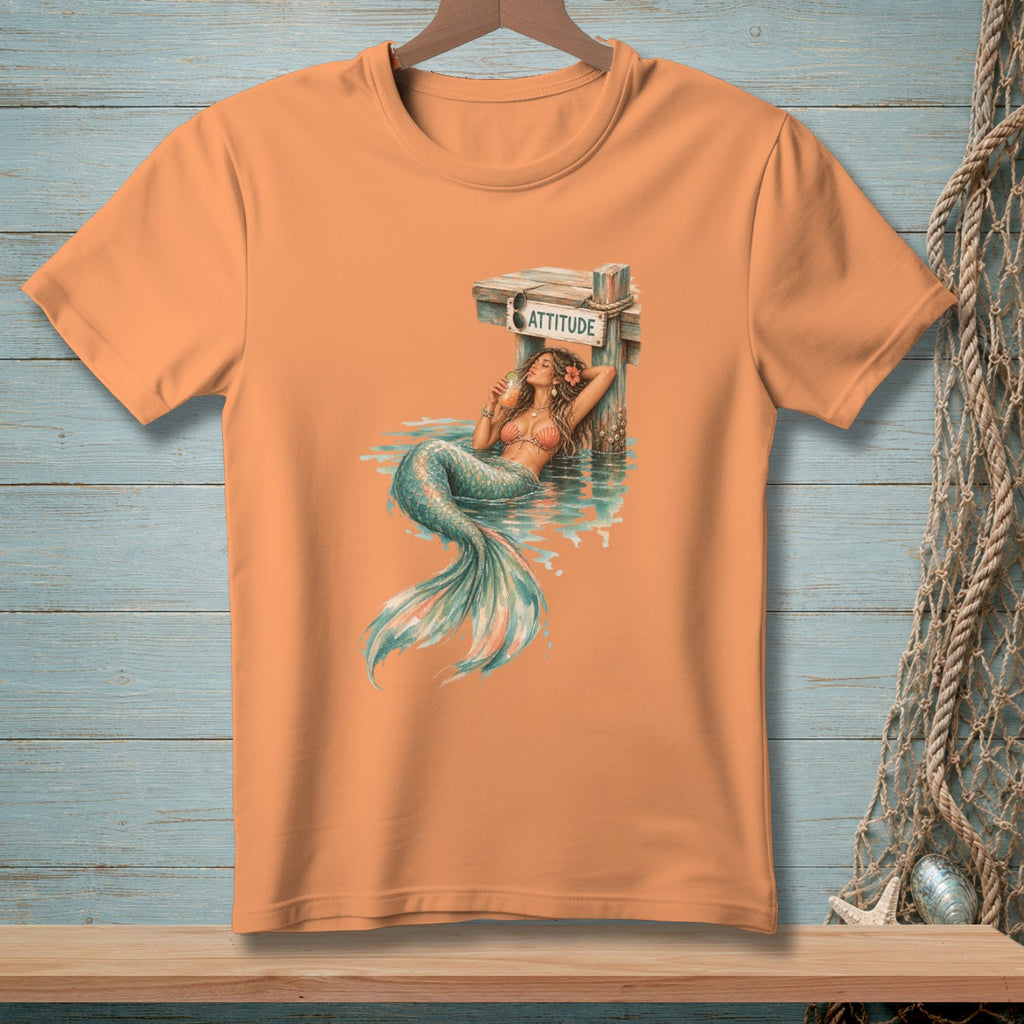 Orange t-shirt with a graphic of a mermaid leaning on a post with "ATTITUDE" sign.