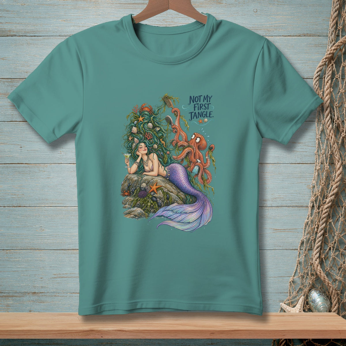 Mermaid with octopus in tangled hair, "Not My First Tangle" text.