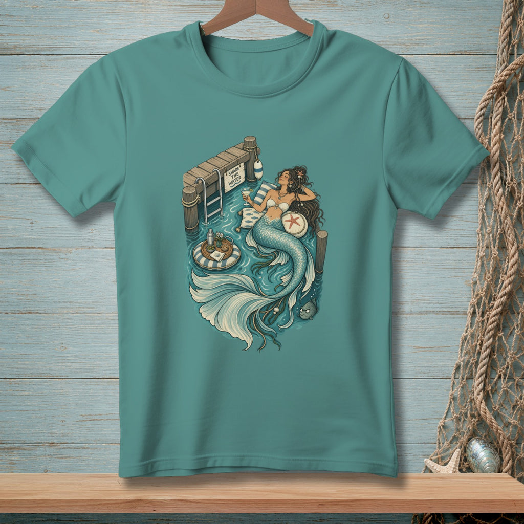 Mermaid relaxing on a dock with a drink and sign reading "Share The Water".