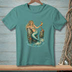 Mermaid holding cocktail, leaning on post with crab and starfish.