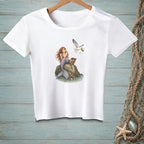 White t-shirt with a graphic of a mermaid and a seagull stealing a sandwich.