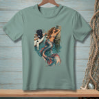 Illustration of a mermaid leaning on a post with a boat and champagne.