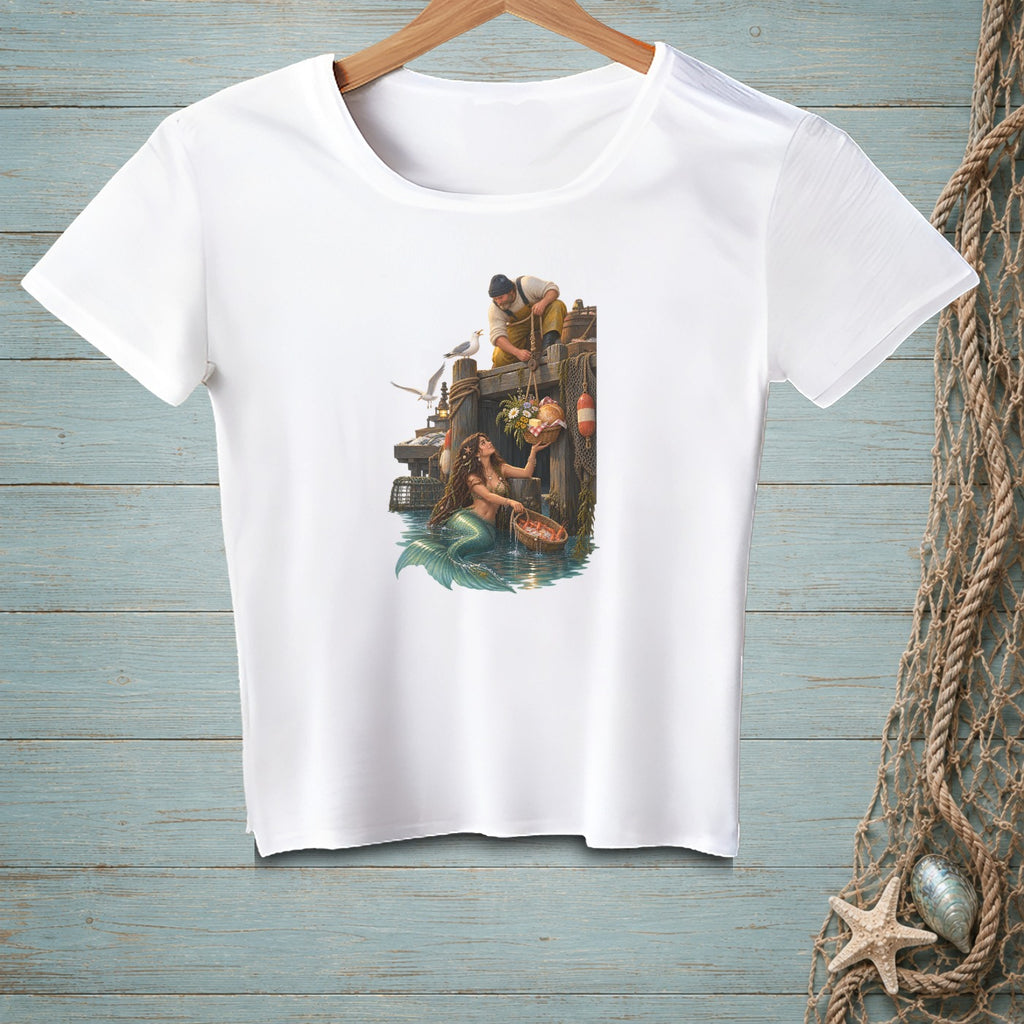 White t-shirt featuring a mermaid and fisherman on a dock with seagulls.