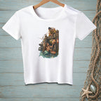 White t-shirt featuring a mermaid and fisherman on a dock with seagulls.