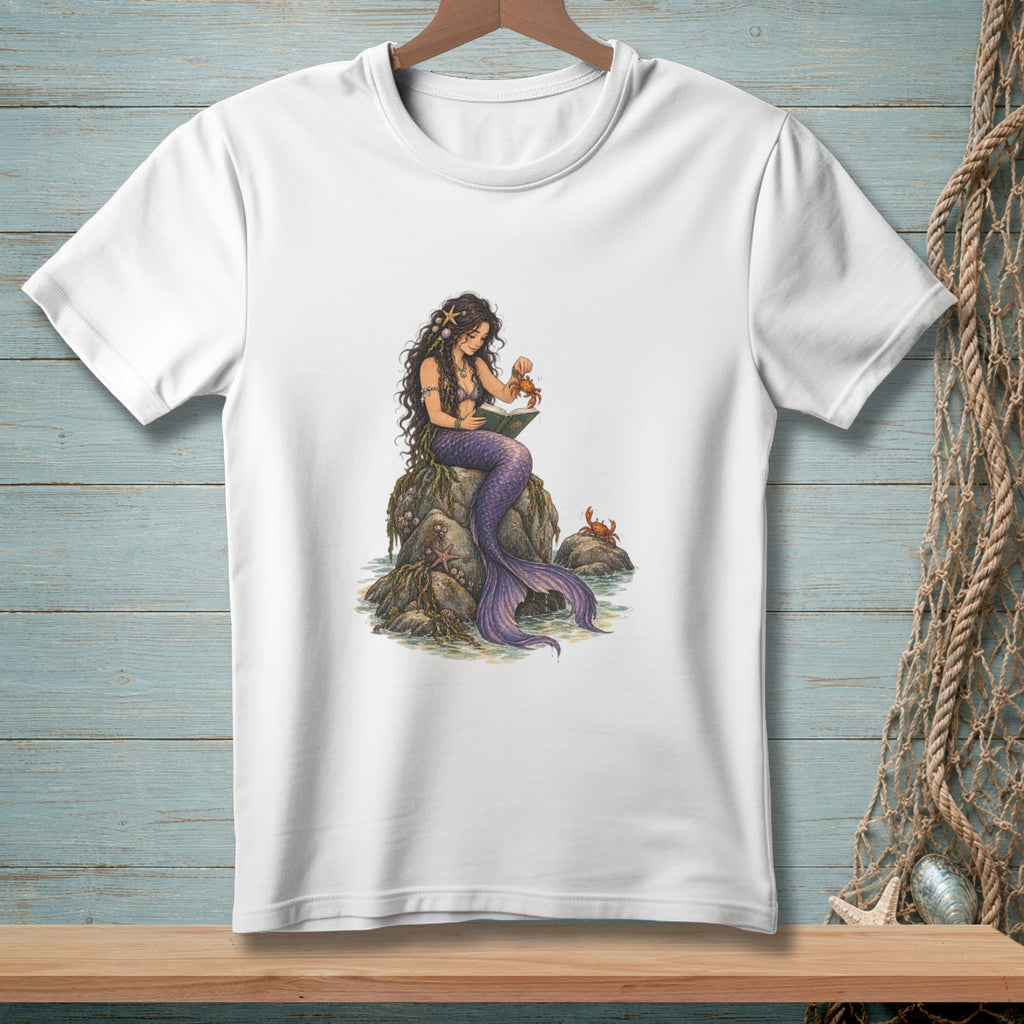 Mermaid reading a book to a crab on a rock.