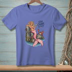 Mermaid with a drink and a crab sit on rocks, with "Stay Crabby, My Friend" text.