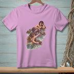 Pink t-shirt with two mermaids rendered in watercolor style artwork.