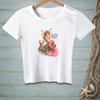White t-shirt with a mermaid and lobster graphic that reads "Oh, we're doing claws now?".