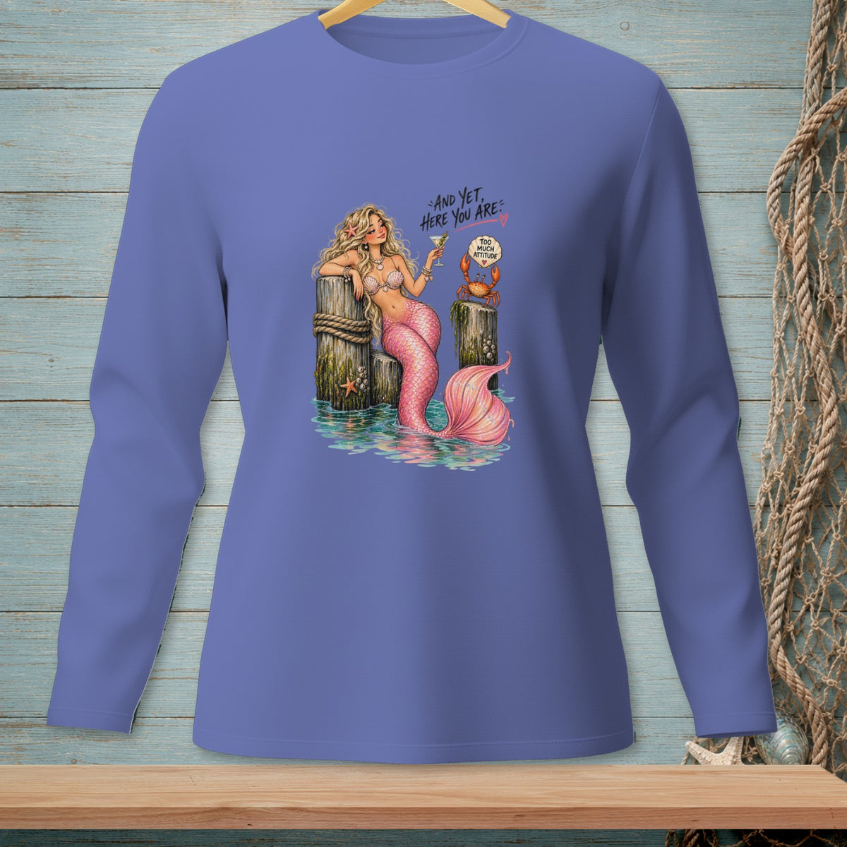 Mermaid with cocktail by dock posts and crab with "Too Much Attitude" bubble.