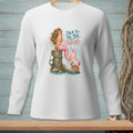 White long-sleeve shirt with a mermaid, crab, and "Talk to the Tail, Crabcake" text.
