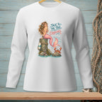 White long-sleeve shirt with a mermaid, crab, and "Talk to the Tail, Crabcake" text.