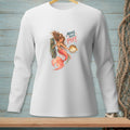 White long-sleeve shirt with graphic of mermaid holding a pufferfish and text "Move your Puff".