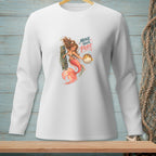 White long-sleeve shirt with graphic of mermaid holding a pufferfish and text "Move your Puff".