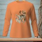 Long-sleeve orange shirt with a mermaid and floral arrangement graphic.