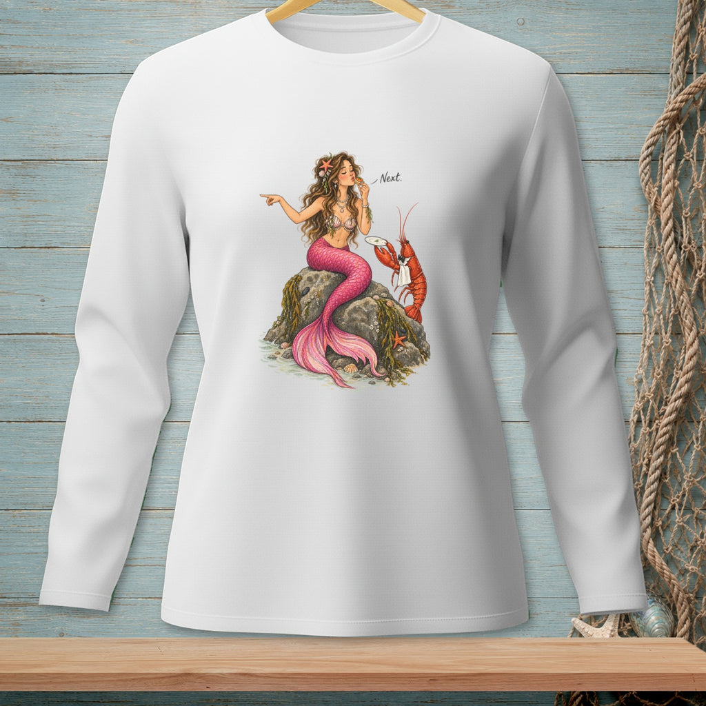 Illustration of a mermaid pointing at a lobster with "Next." text.