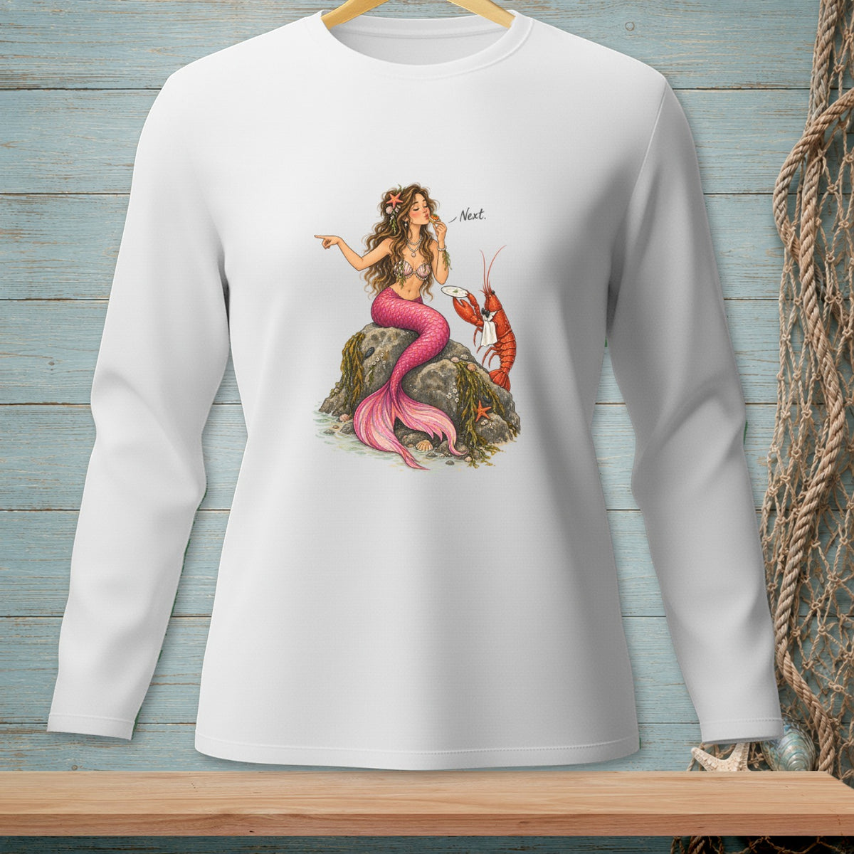 Illustration of a mermaid pointing at a lobster with "Next." text.