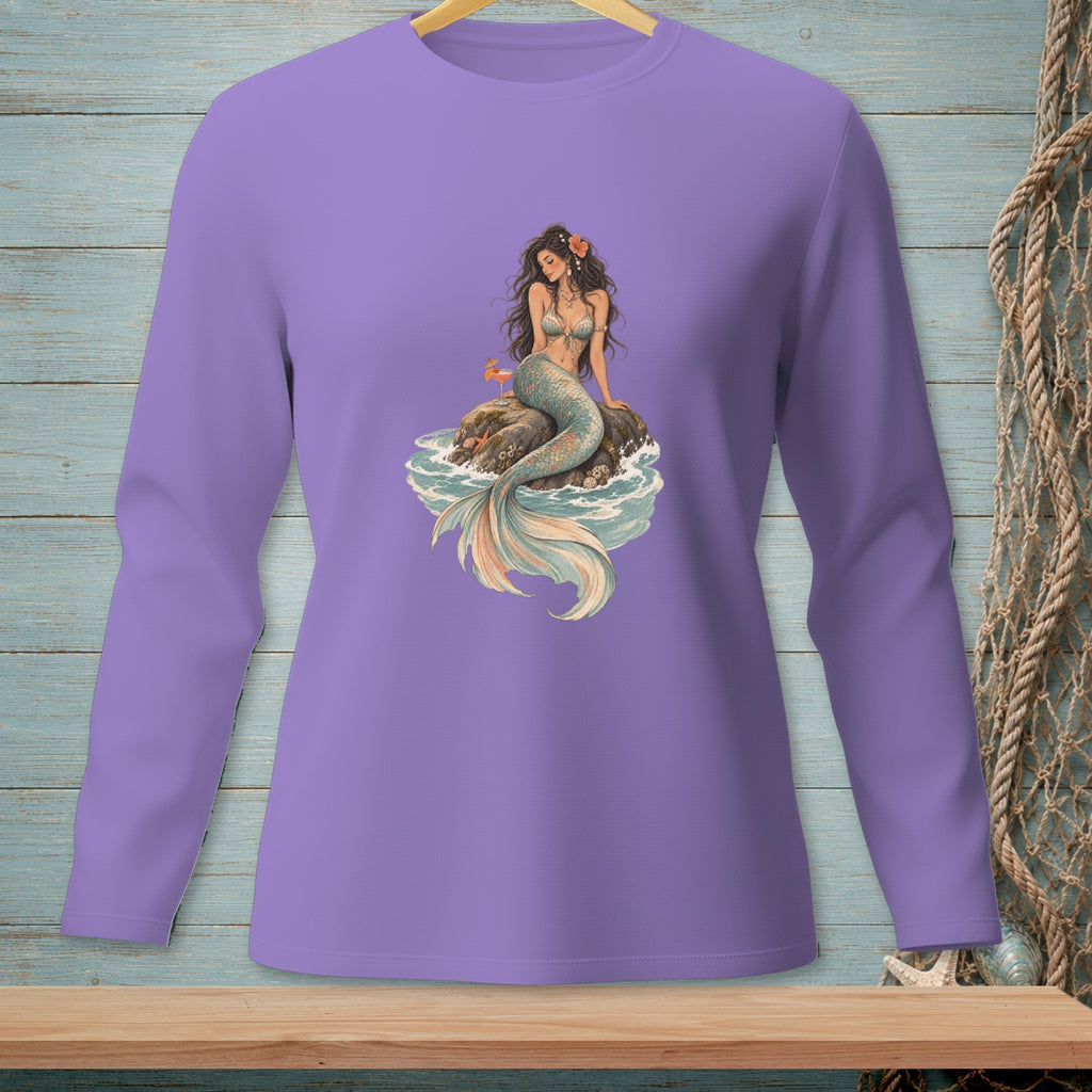 Long-sleeve lavender shirt with a detailed illustration of a mermaid on a rock.