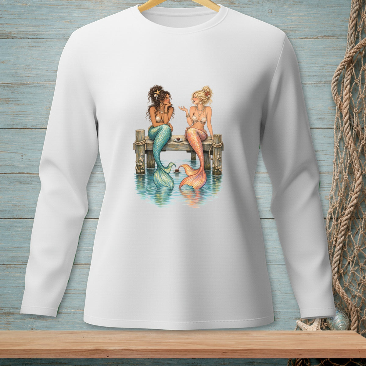 Two mermaids with colorful tails sit on a pier talking over coffee.