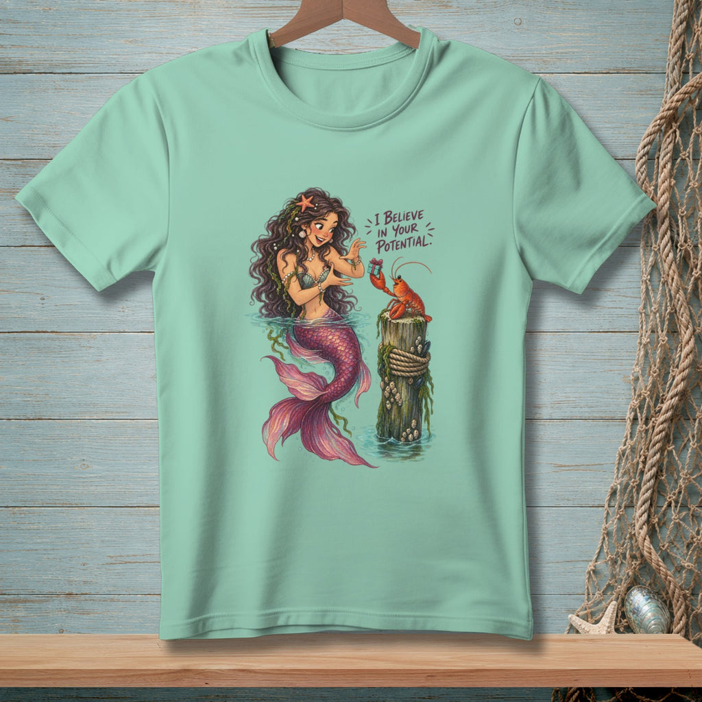 Mermaid offering a gift to a lobster on a post with text I BELIEVE IN YOUR POTENTIAL.