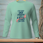 Mint green long sleeve shirt with "I've got 99 problems but legs ain't one" text and mermaid tail.