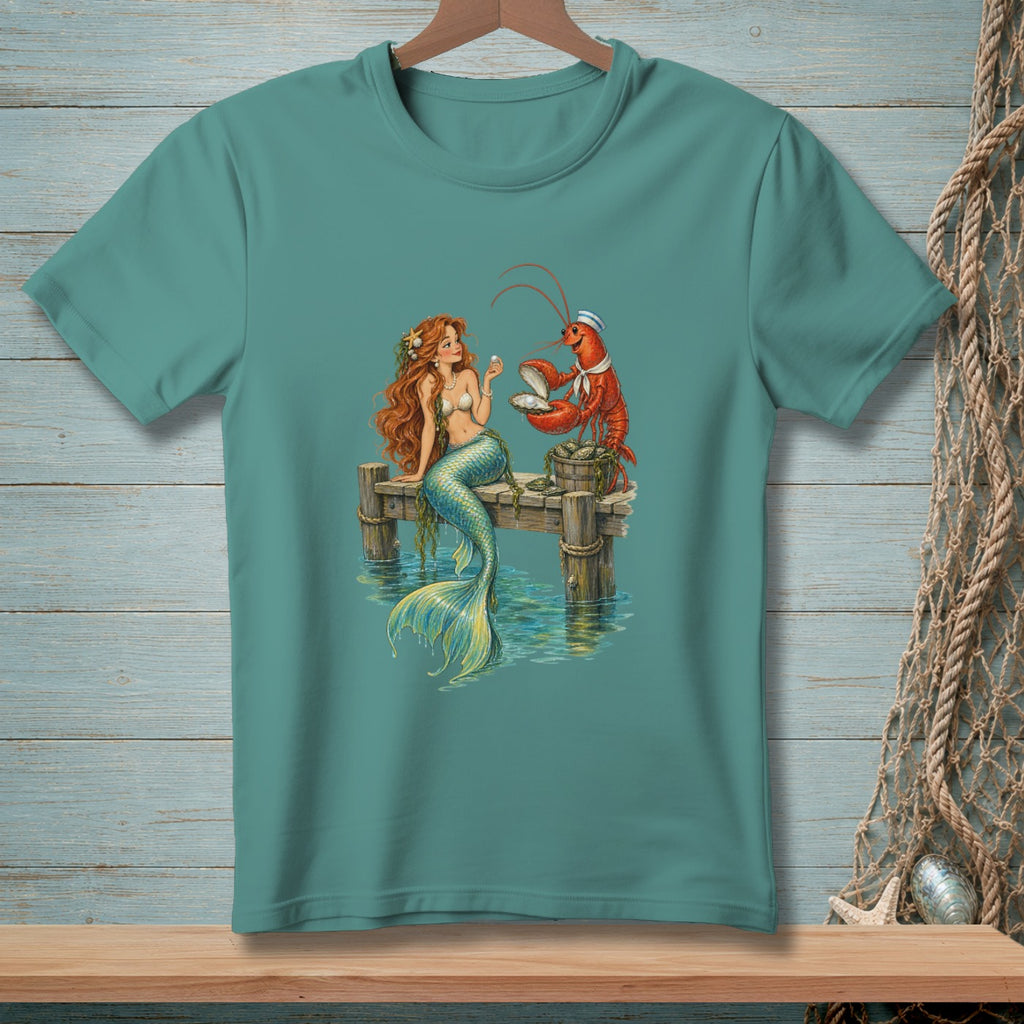 Mermaid and lobster on a dock offering a pearl from an oyster shell.