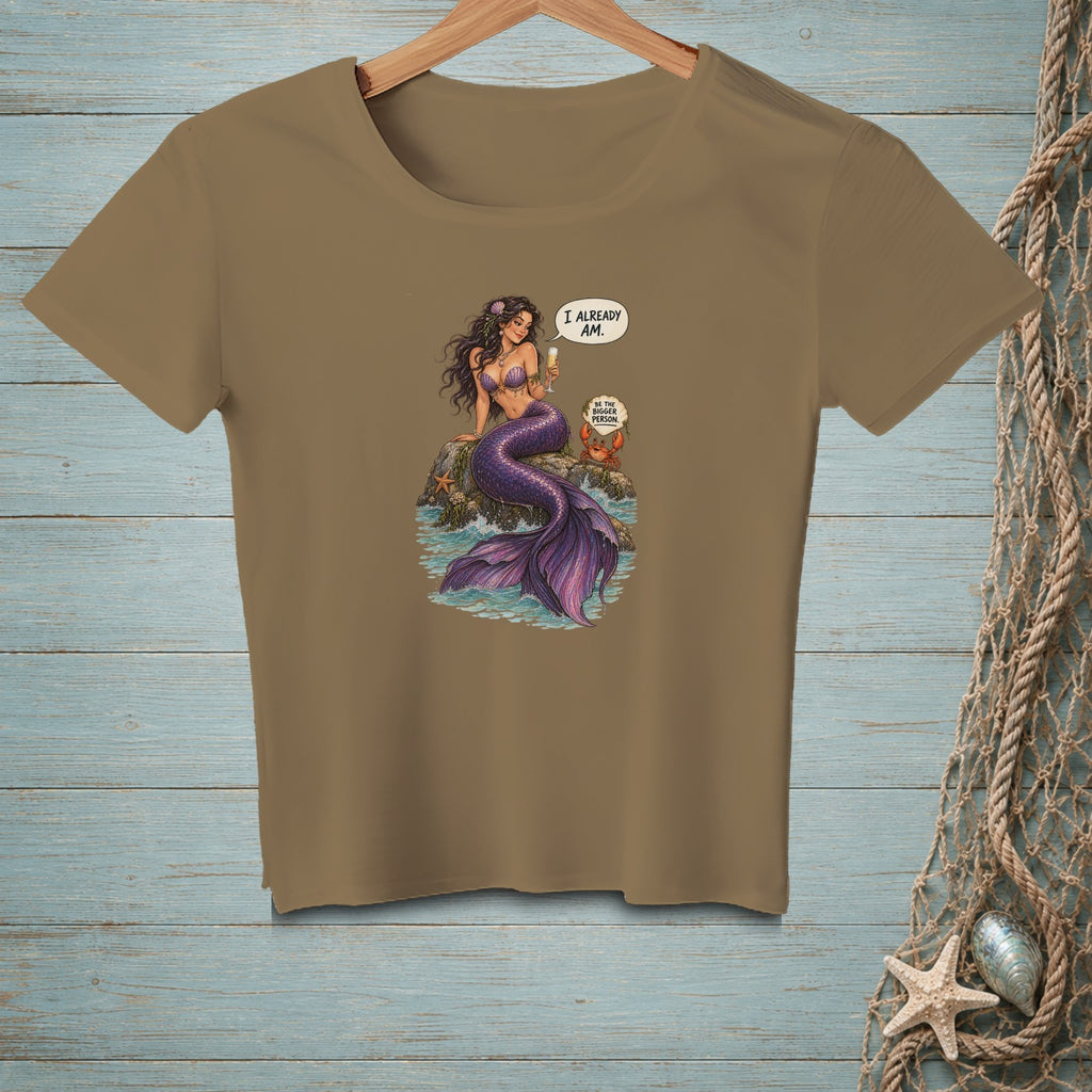 Mermaid with purple tail holding champagne, crab says "Be the mermaid person".