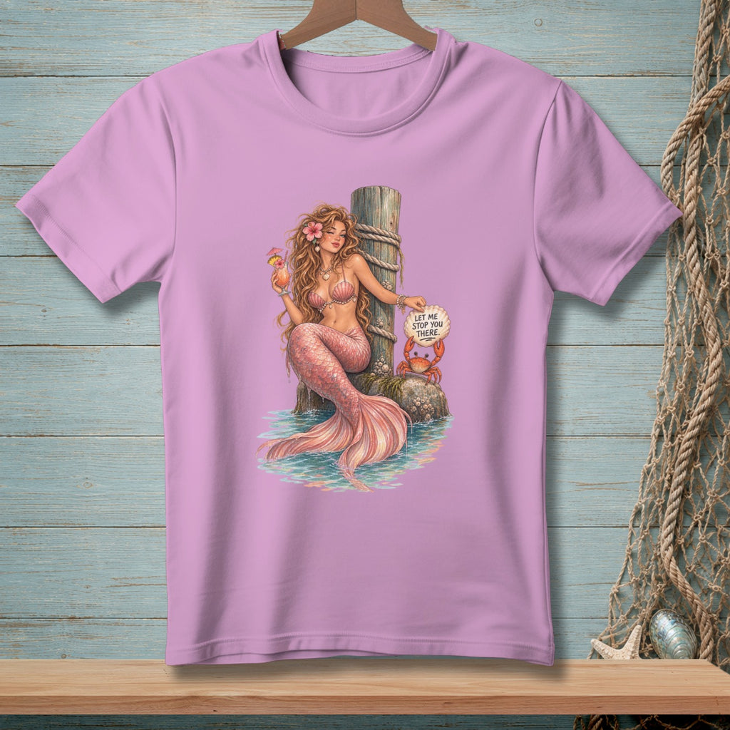 Mermaid with pink tail and drink, holding sign "Let Me Stop You There".