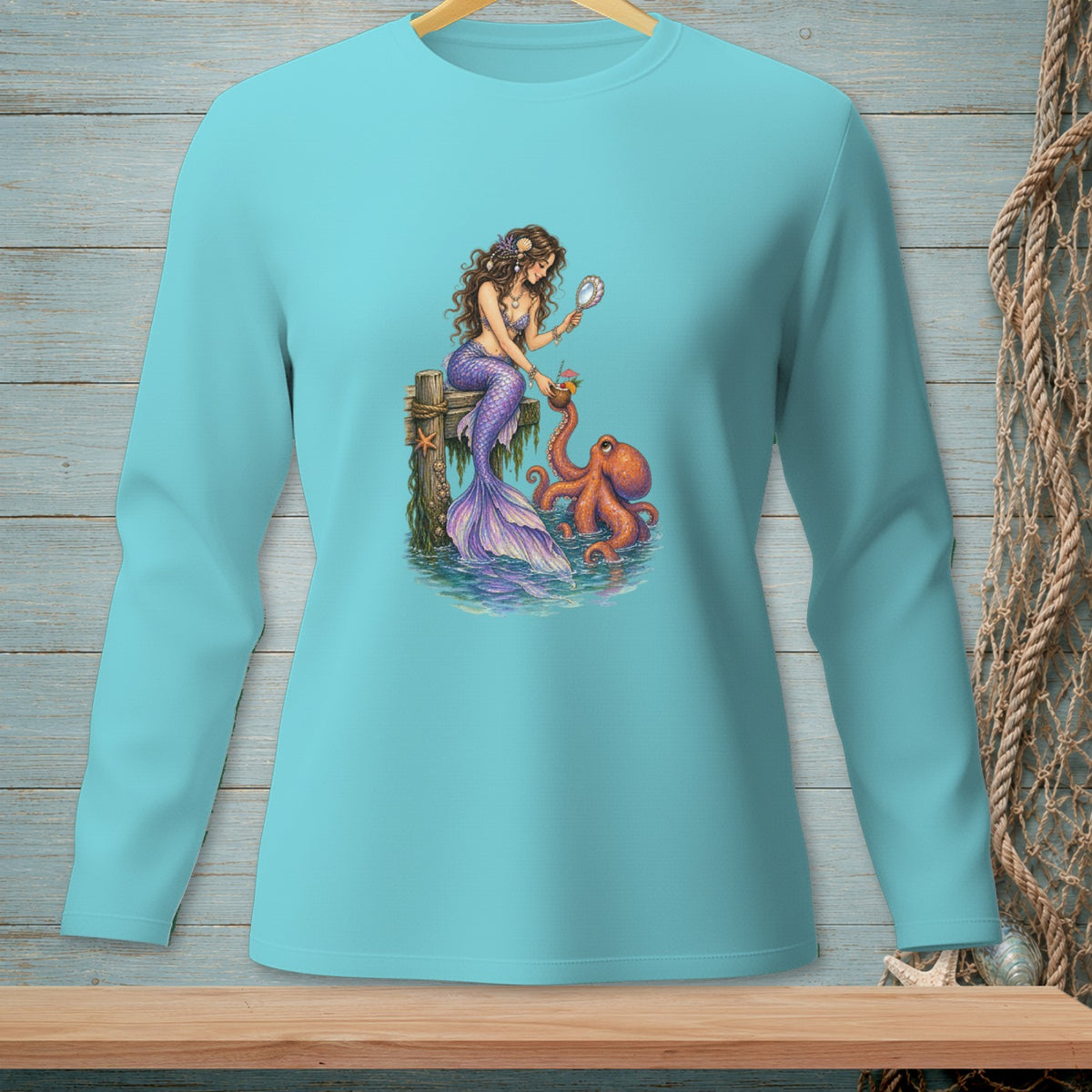 Mermaid with mirror and octopus on a pier in the ocean.