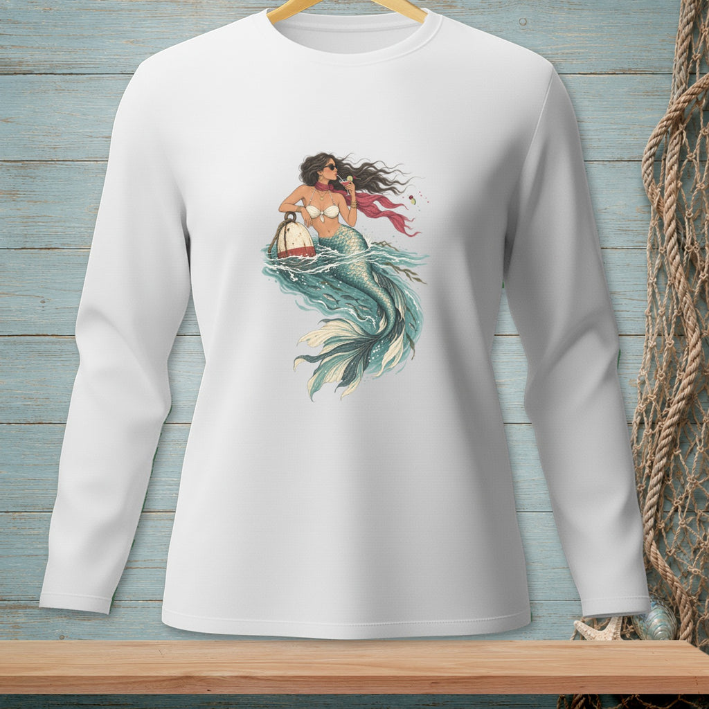 Long-sleeve white t-shirt featuring a mermaid with sunglasses holding a drink.