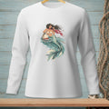Long-sleeve white t-shirt featuring a mermaid with sunglasses holding a drink.