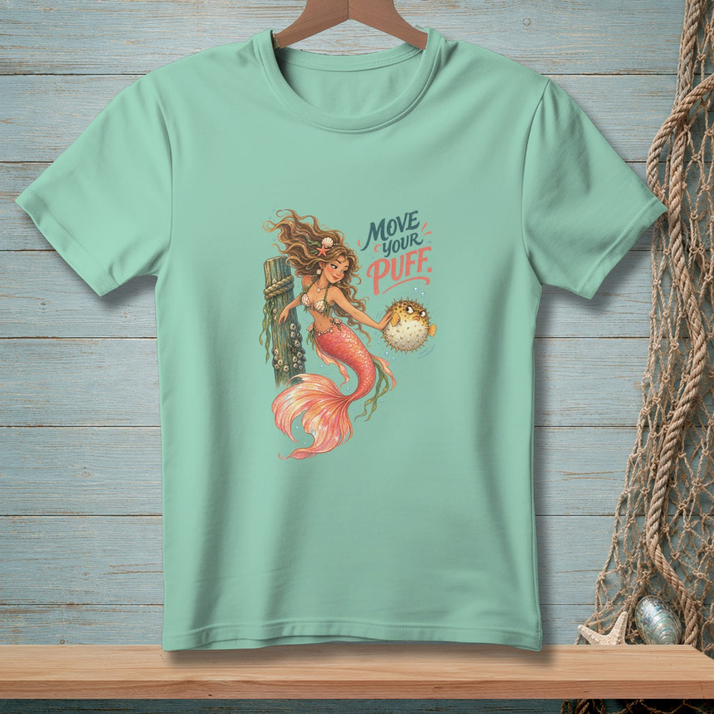 Mint t-shirt with a mermaid holding a pufferfish and the text "Move Your Puff".