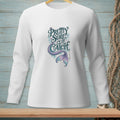 White long-sleeve shirt with mermaid tail graphic and text "Pretty sure I'm the catch."