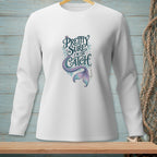 White long-sleeve shirt with mermaid tail graphic and text "Pretty sure I'm the catch."