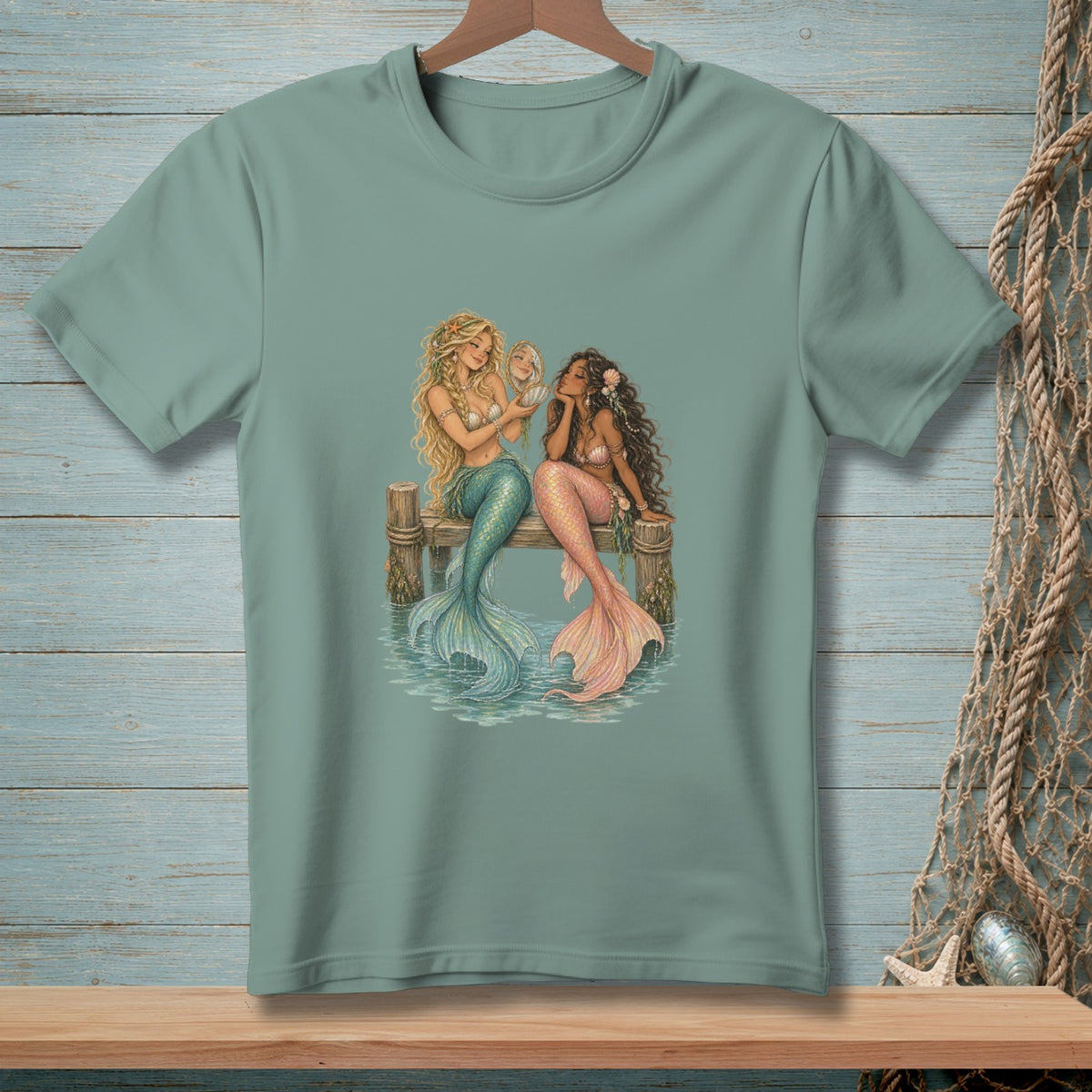 Two mermaids with ornate tails sit on a wooden dock looking at a seashell.