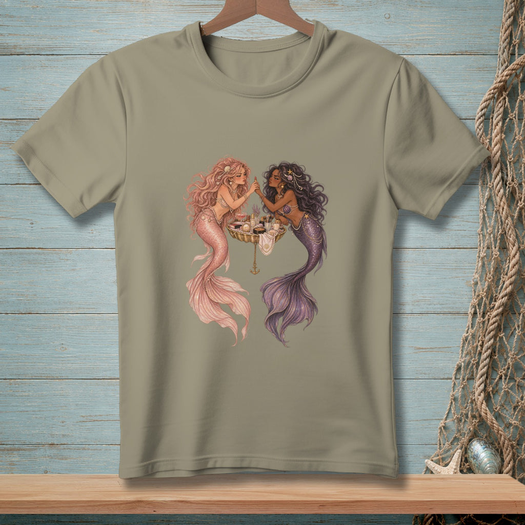 Two mermaids applying makeup at a vanity table with cosmetics.