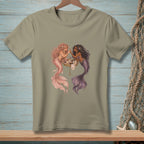 Two mermaids applying makeup at a vanity table with cosmetics.