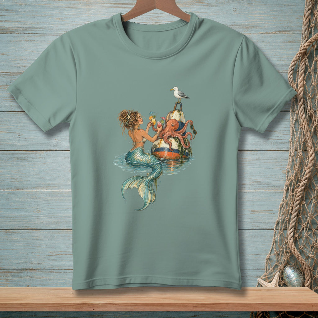 Sage green t-shirt featuring a detailed illustration of a mermaid holding a drink near an octopus and seagull.