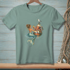 Sage green t-shirt featuring a detailed illustration of a mermaid holding a drink near an octopus and seagull.