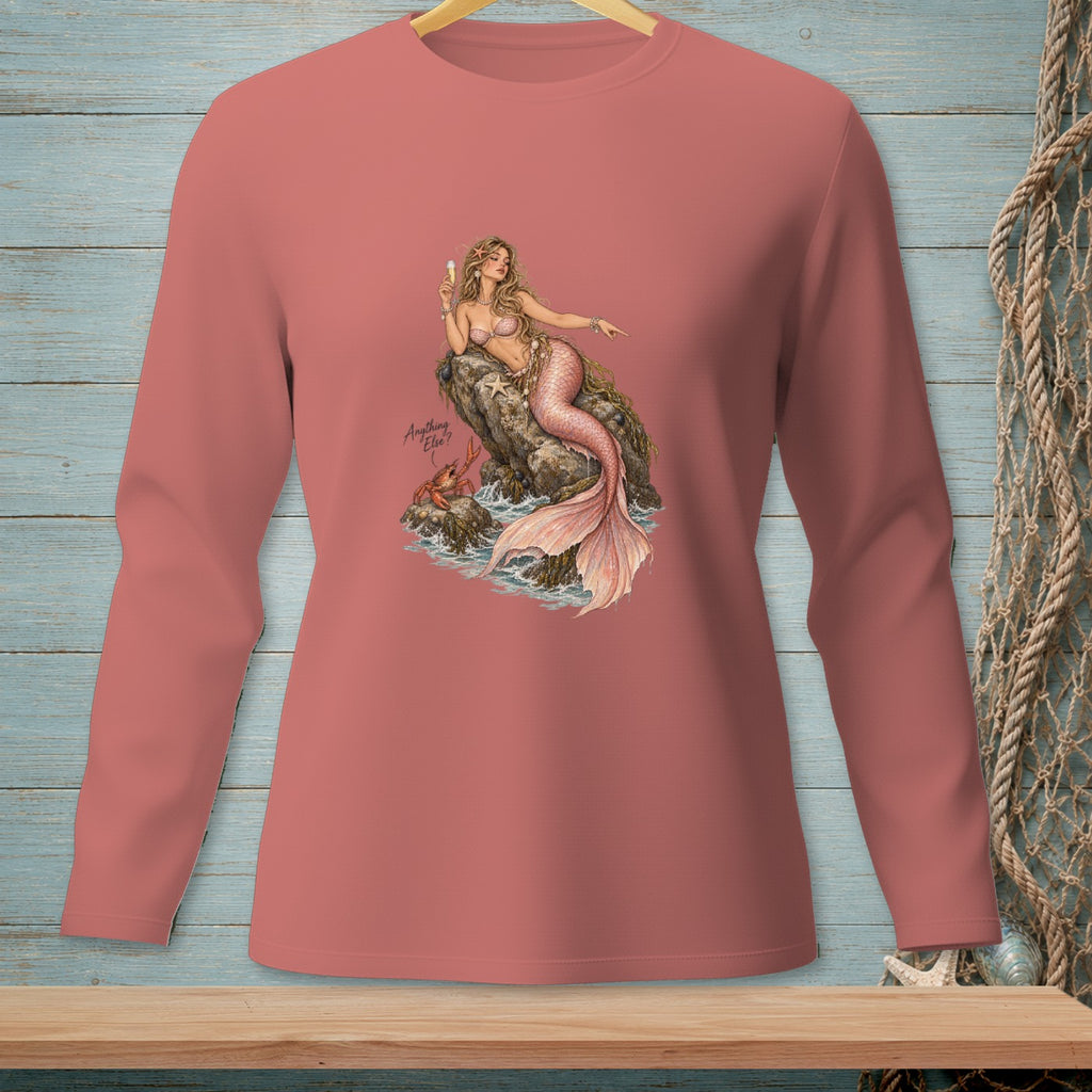 Salmon long-sleeve shirt with mermaid, crab, and text "Anything Else?" graphic.
