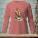 Salmon long-sleeve shirt with mermaid, crab, and text "Anything Else?" graphic.