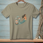 Mermaid with a seagull on a "NO WAKE" buoy in the water.