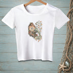 White t-shirt with a mermaid graphic holding a shell that reads "Not Today".