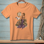 T-shirt graphic of a mermaid and seagull with a "Please Hold" sign.