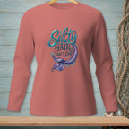 Pink long sleeve shirt with "Salty Hair Don't Care" and mermaid tail graphic.