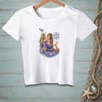 White t-shirt with mermaid, seagull, crab, fries, drink, and "Everyone Relax" text.