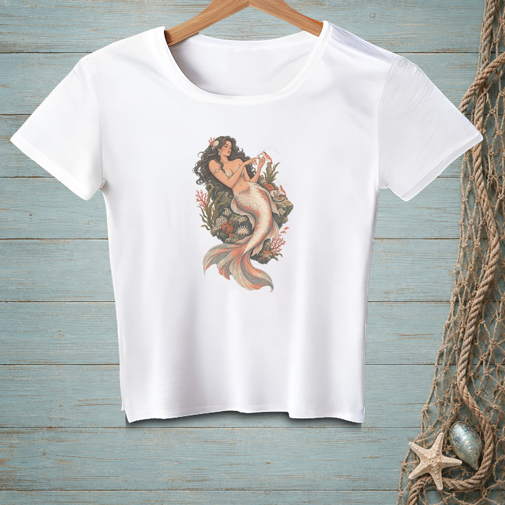 White t-shirt with a distressed mermaid and coral graphic design.