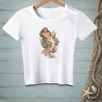 White t-shirt with a distressed mermaid and coral graphic design.