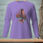 Mermaid on a dock with an octopus in the water, holding a seashell.